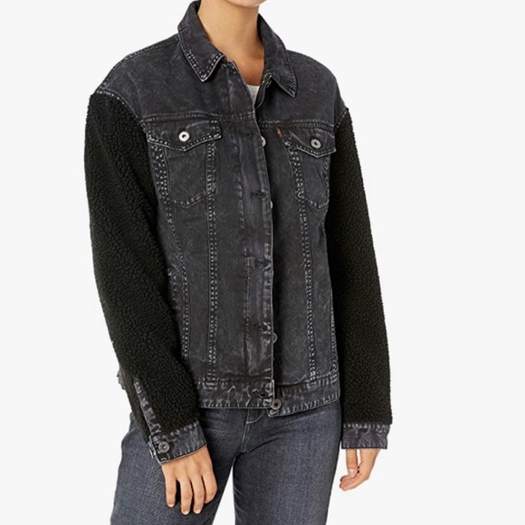 NWT Levi's Acid Wash Denim Shearling Sleeve Jacket - Picture 1 of 9